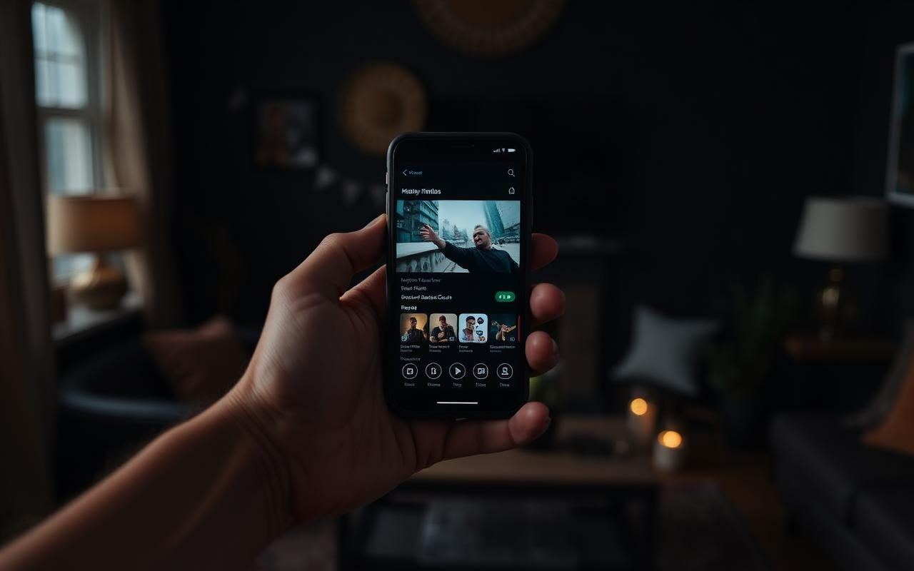 Pessoa segurando celular com aplicativo de streaming aberto