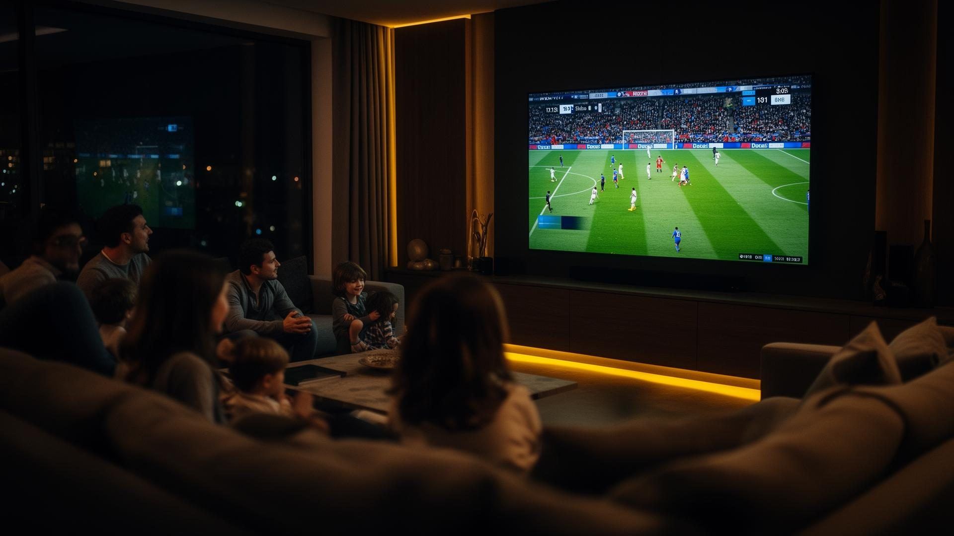 Família assistindo TV em alta definição com Rei12 XCIPTV em uma sala moderna à noite